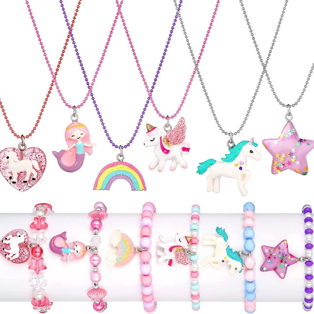 New 12 Pcs Girls Necklaces and Bracelets Set Unicorn Star Heart Necklace Mermaid